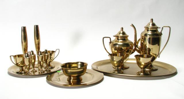 Appraisal: Set of Brass finish serving items including five-piece tea and