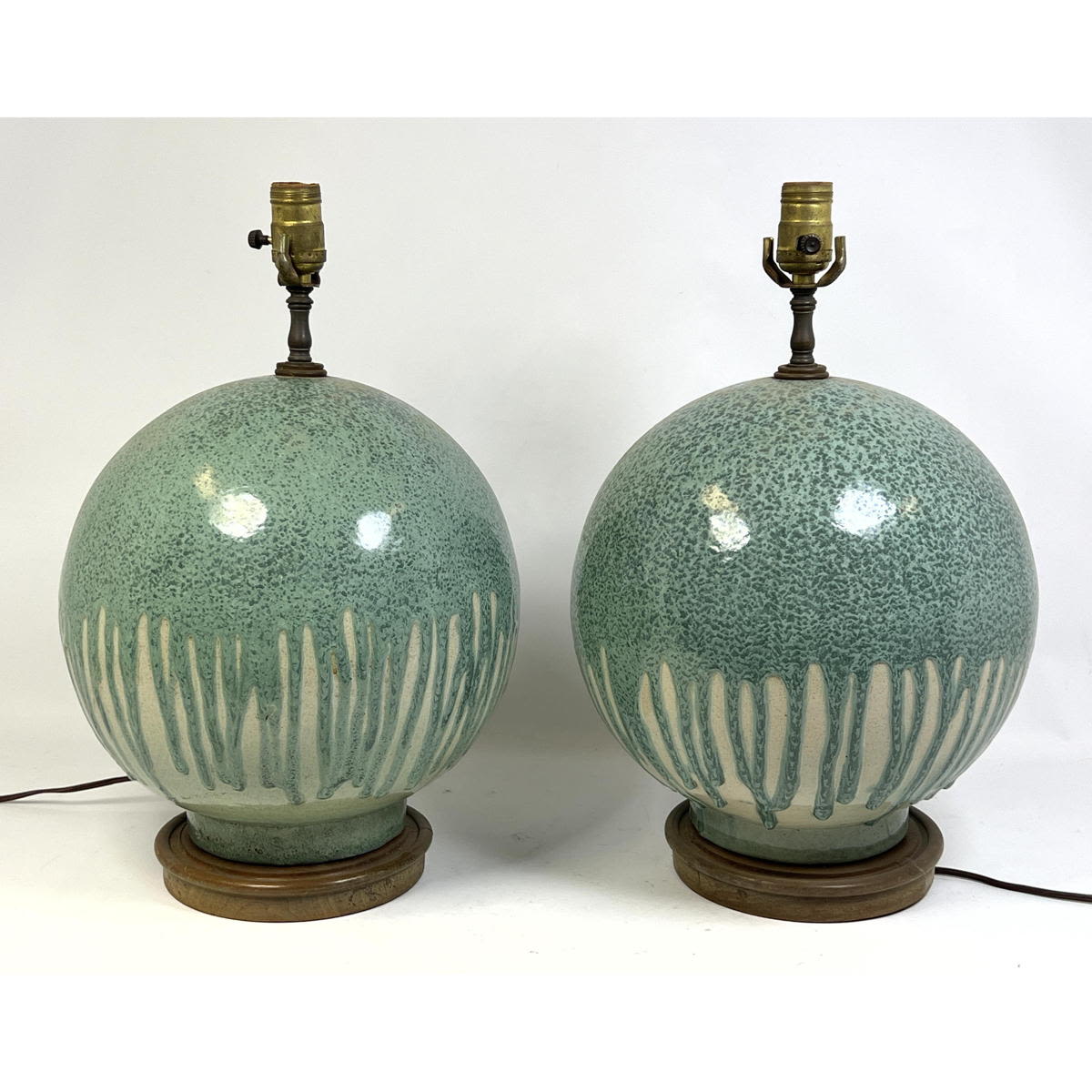 Appraisal: Pr Bulbous Pottery Table Lamps Speckled aqua thick drip glaze