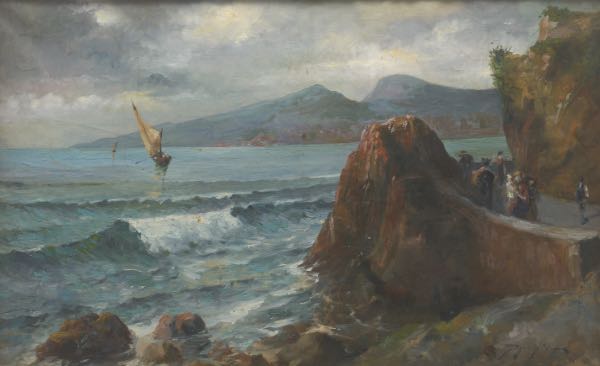 Appraisal: CONTINENTAL SCHOOL TH CENTURY x Sailboat approaching rocky shore Oil