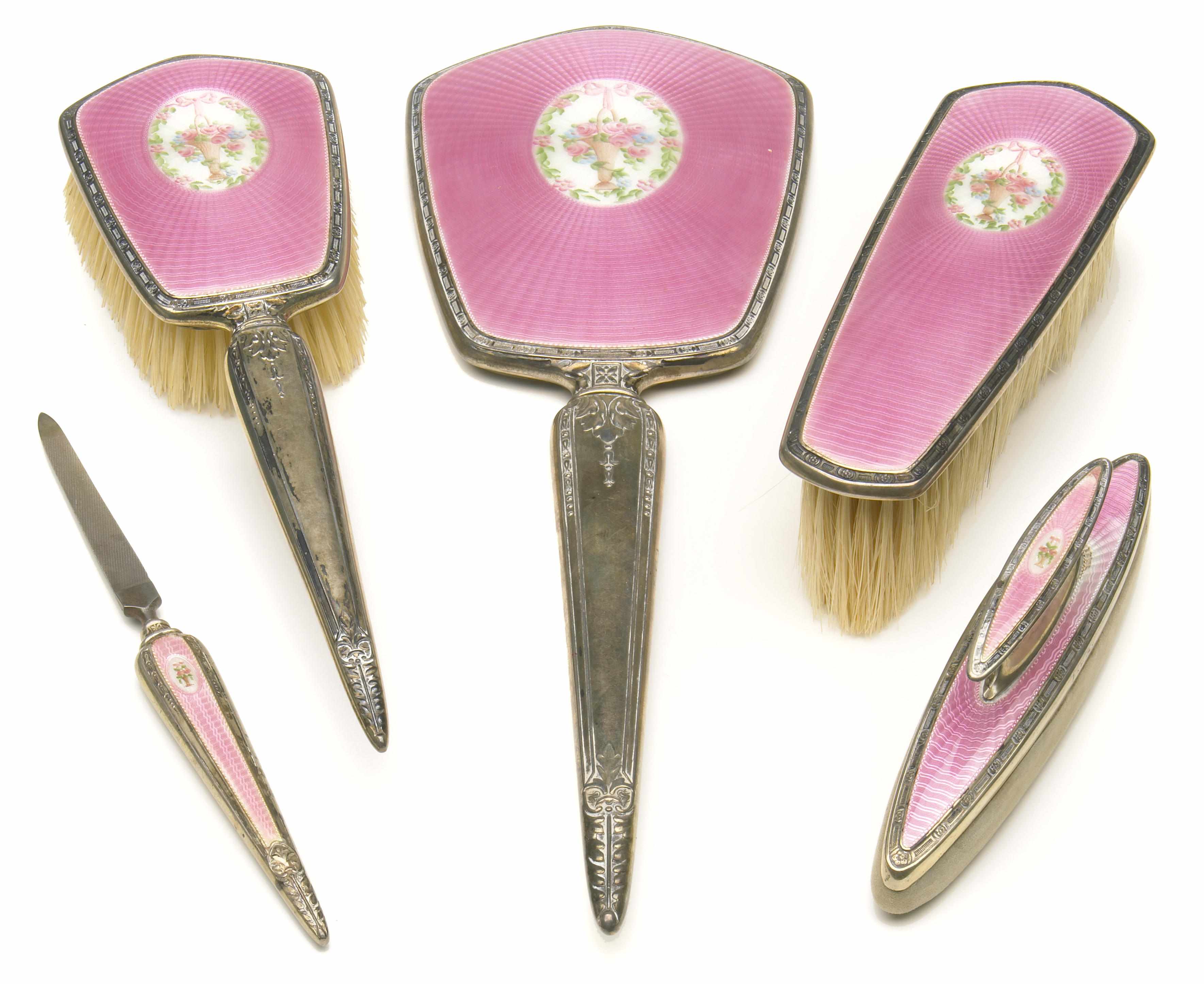 Appraisal: Norma Shearer vanity set A nine-piece sterling silver and enamel