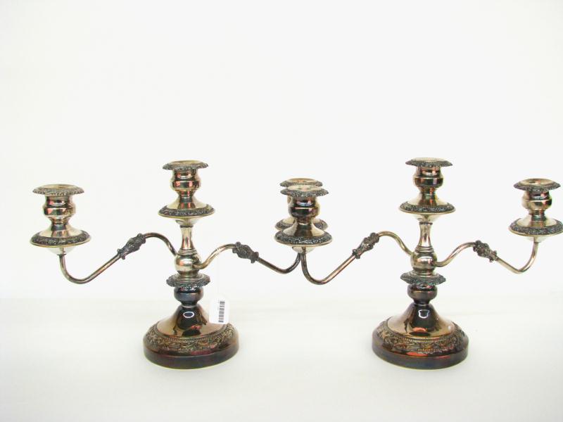 Appraisal: Pair of Ornate Silver Plate Candelabra each is three-branch hallmarked