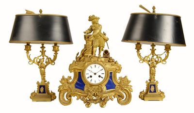 Appraisal: A th century French ormolu and porcelain mounted clock garniture