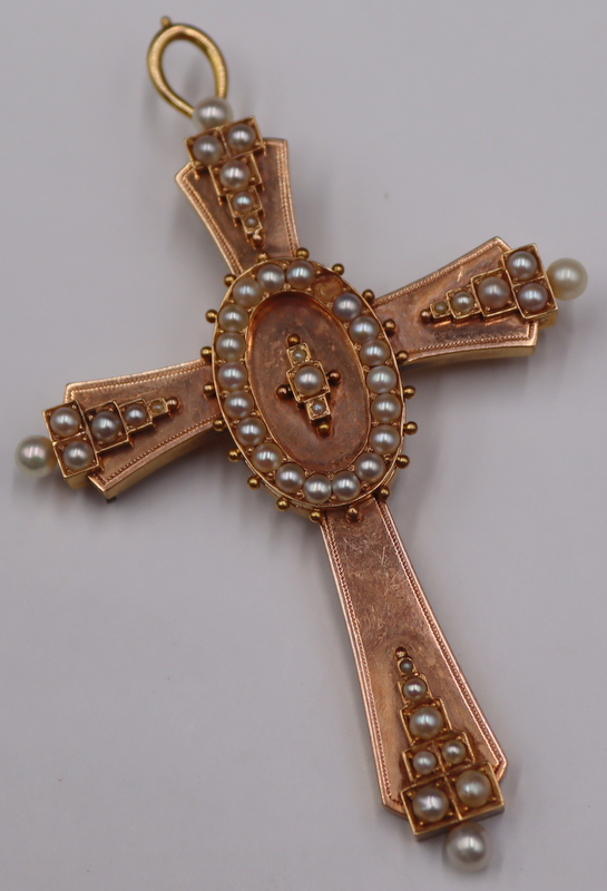 Appraisal: JEWELRY KT GOLD AND PEARL CROSS PENDANT Large kt gold