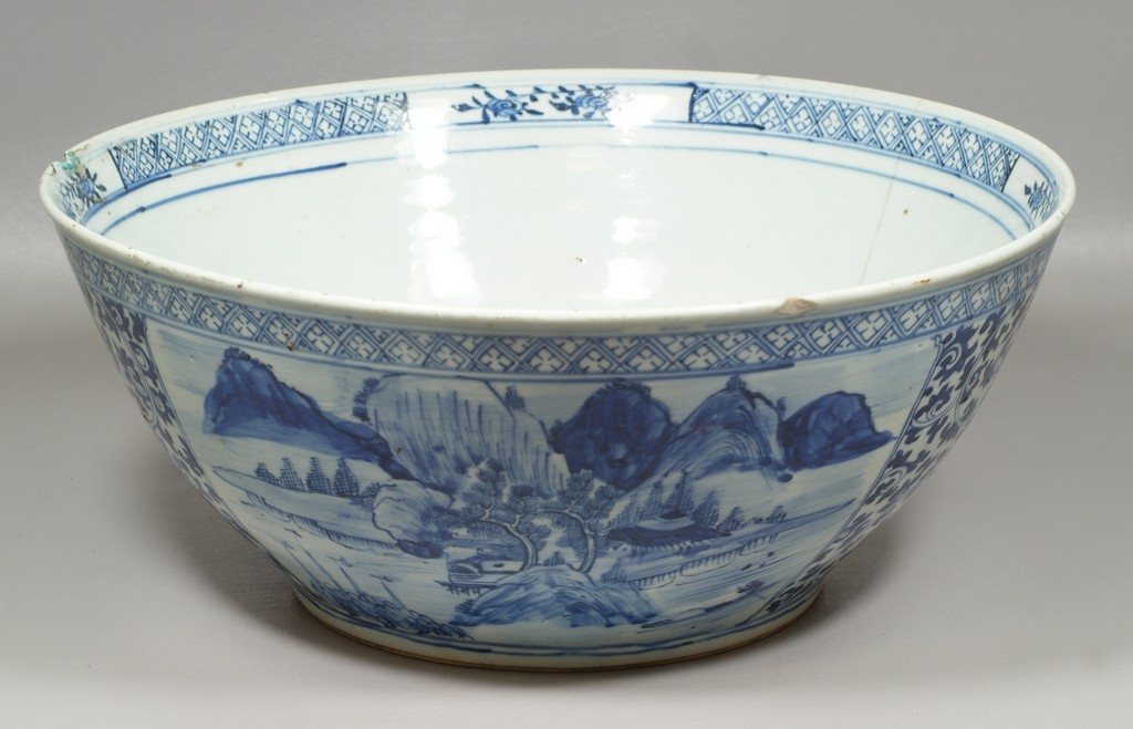 Appraisal: Chinese Blue and White Landscape Punch Bowl with old paper