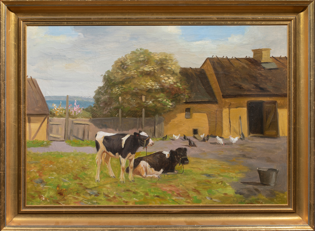 Appraisal: PAINTING COWS IN THE BARNYARD American School th century Cows