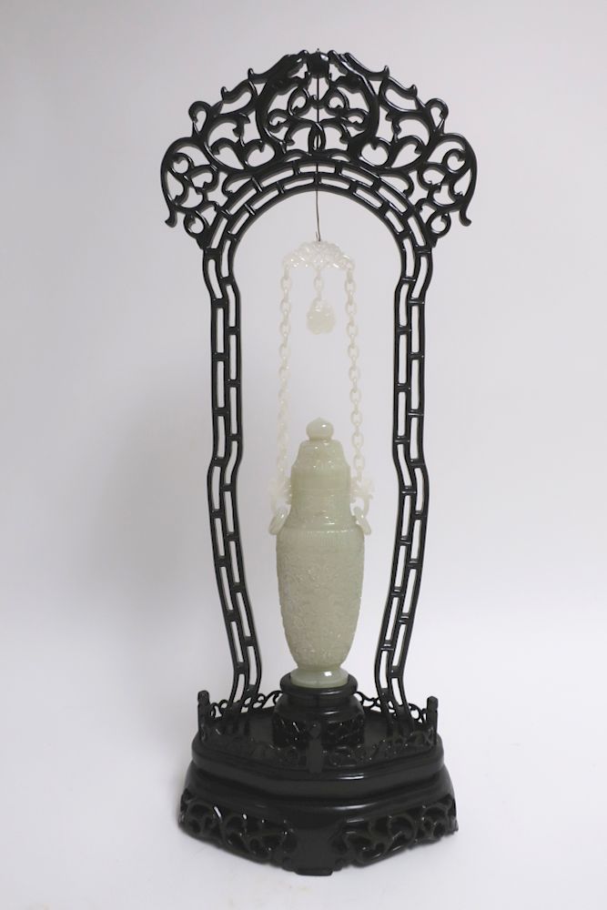 Appraisal: Chinese White Jade Handing Covered Vase With stand Delicate floral