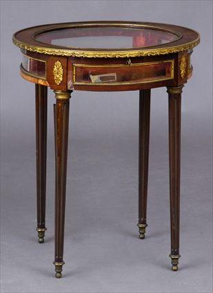 Appraisal: LOUIS XVI-STYLE GILT-METAL-MOUNTED MAHOGANY VITRINE TABLE The hinged beveled glass-paneled