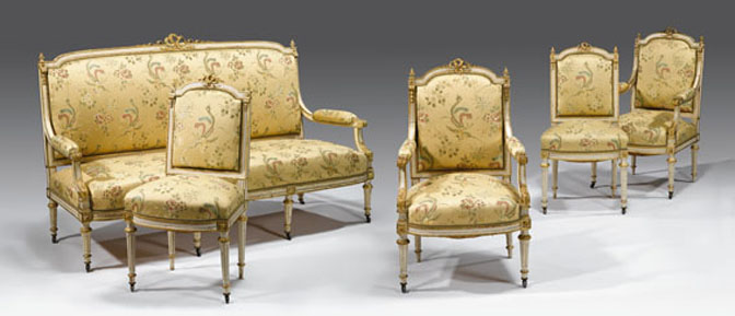 Appraisal: Suite of Louis XVI style painted and parcel gilt seat