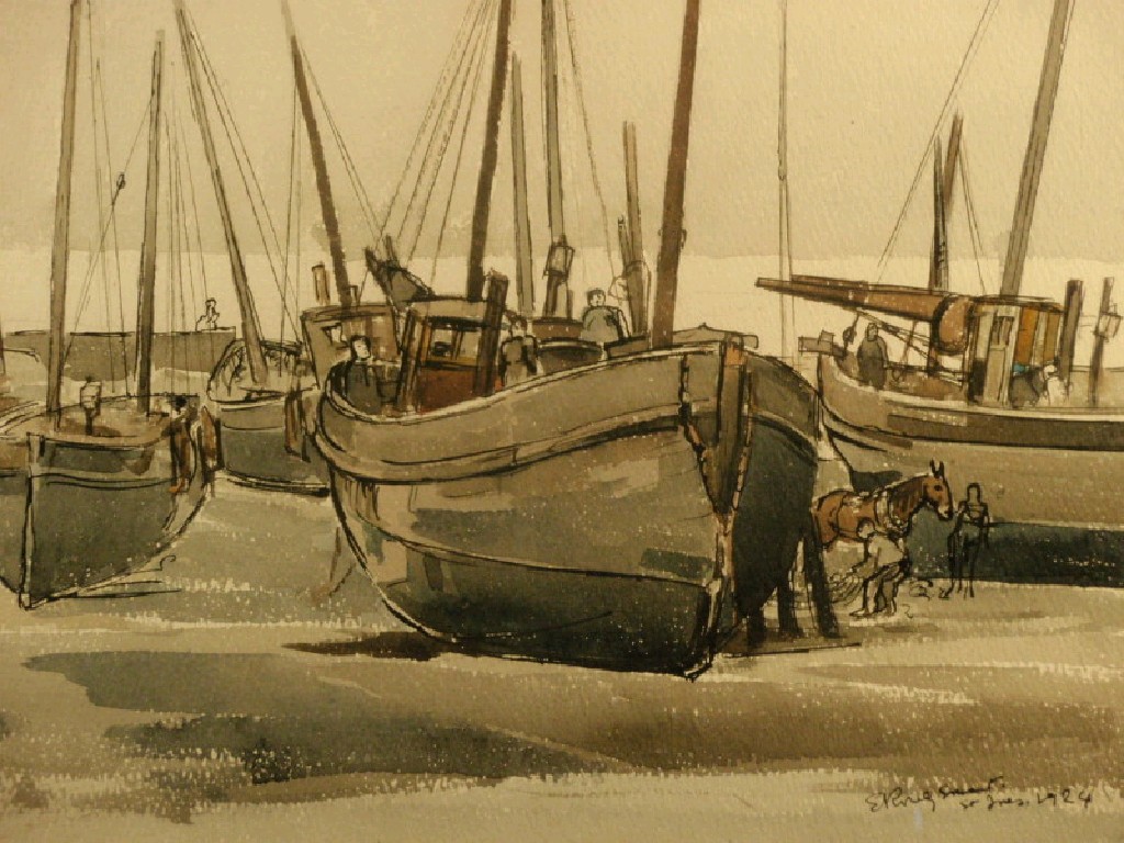 Appraisal: E Rowley Smart - St Ives fishing boats at low