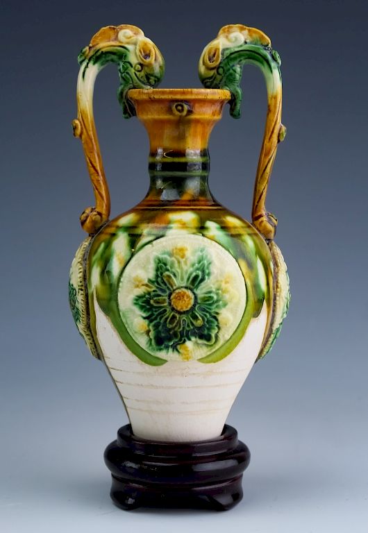 Appraisal: Chinese Sancai Three Color Ware Double Handle Vase Chinese three