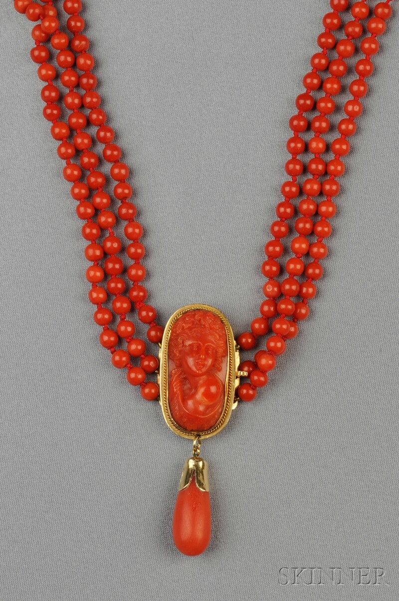 Appraisal: Gold Coral Cameo and Coral Bead Necklace the finely realized