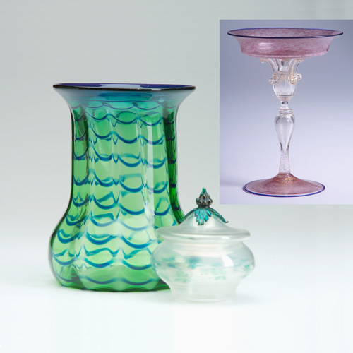 Appraisal: GLASS Three pieces bulbous green vase with blue draped pattern