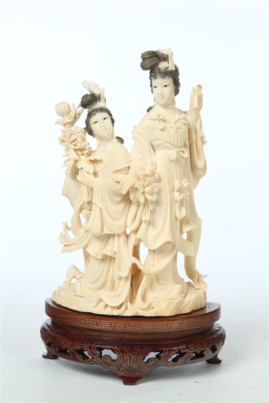 Appraisal: CARVED IVORY FIGURAL GROUP China early th century Two women