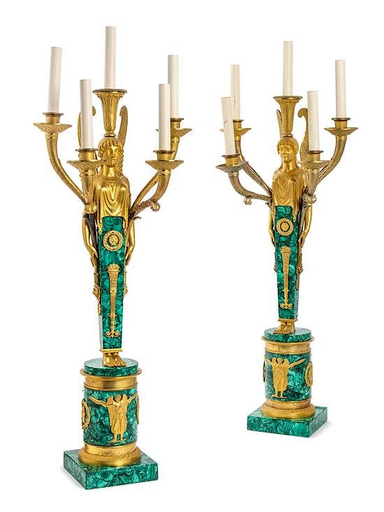 Appraisal: A Pair of Empire Style Gilt Bronze and Malachite Five-Light