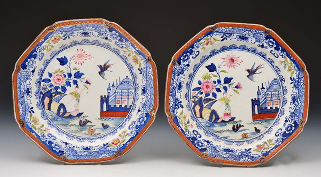 Appraisal: Pair of Derby hexagonal platescirca - decorated in enamels and