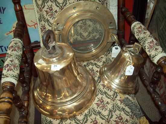 Appraisal: A BRASS PORT HOLE AND TWO ANTIQUE SHIP BELLS