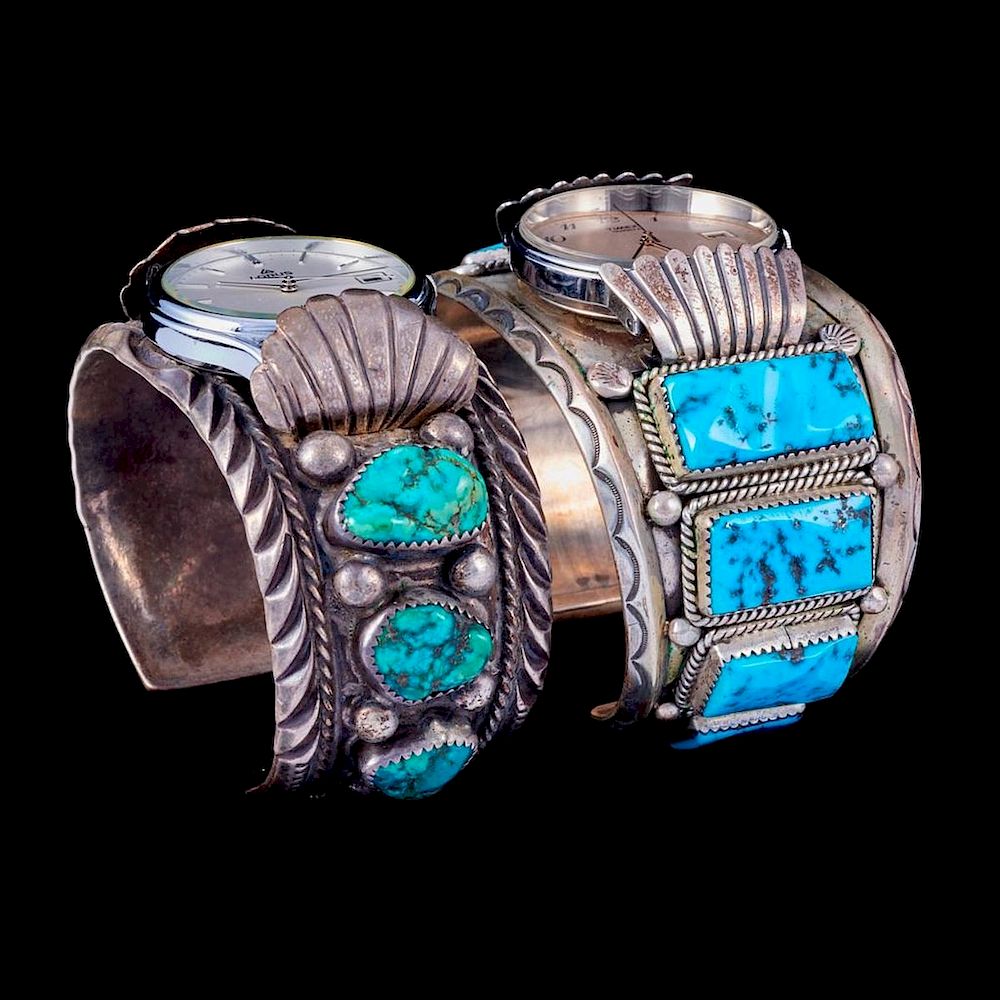 Appraisal: NAVAJO WATCH CUFF BRACELETS Two old pawn turquoise and silver