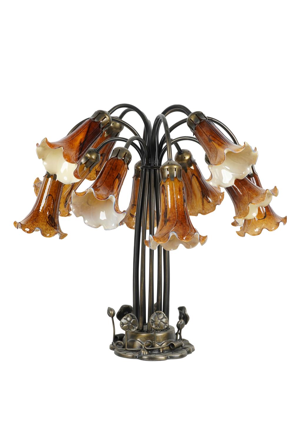 Appraisal: TIFFANY-STYLE GLASS METAL -LIGHT TABLE LAMP st century unsigned Lily