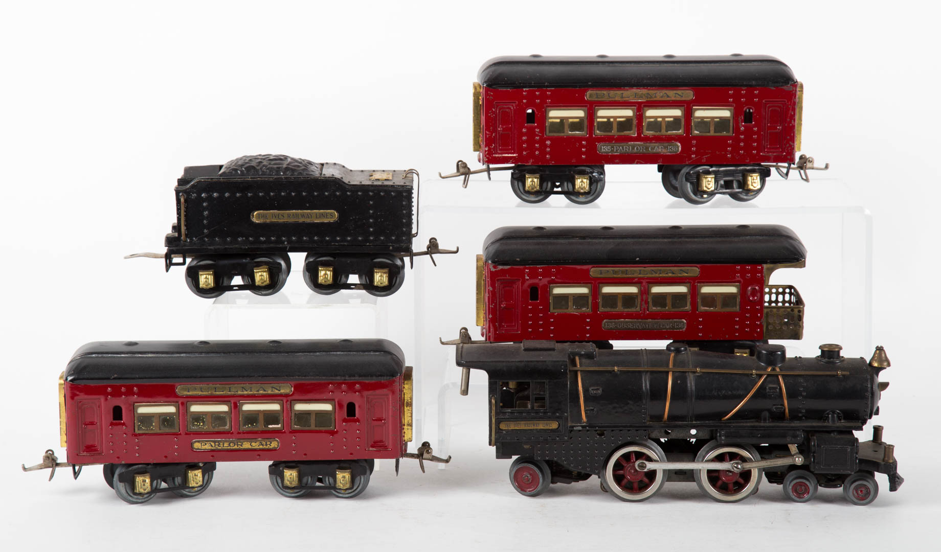 Appraisal: Ives steam with red black set engine tender parlor cars