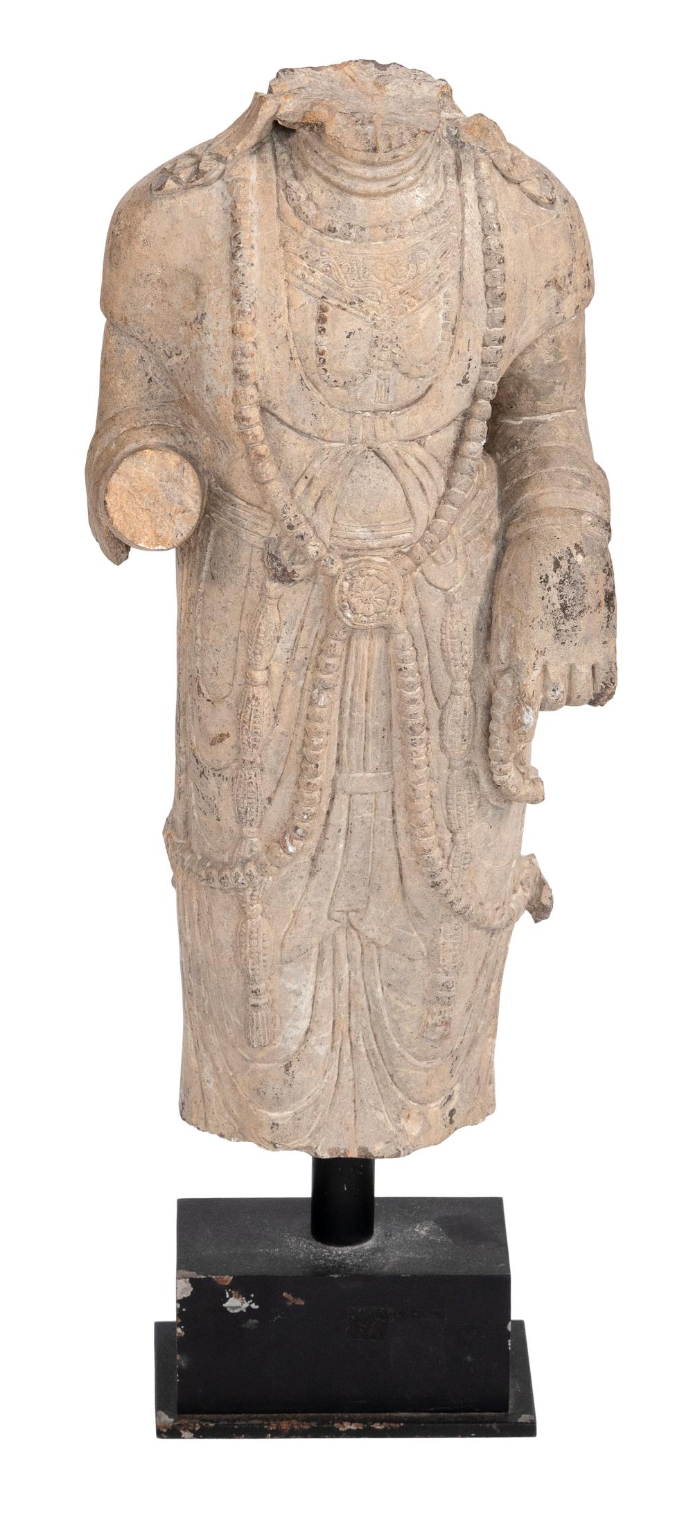 Appraisal: CARVED SANDSTONE BODHISATTVA TORSO STONE HEIGHT CARVED SANDSTONE BODHISATTVA TORSO