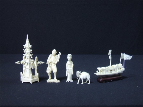 Appraisal: LOT OF FIVE JAPANESE IVORY FIGURES The largest h in