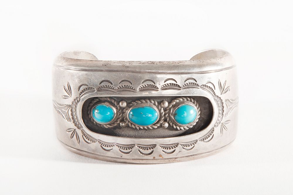 Appraisal: A Navajo Three Stone Turquoise and Silver Cuff ca Navajo