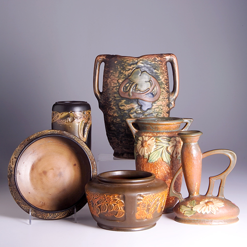 Appraisal: Six ROSEVILLE pieces to include a brown Panel vessel a