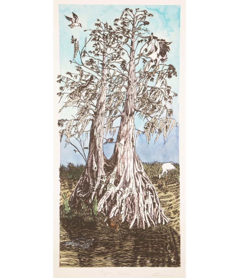 Appraisal: Louisiana School th c Cypress Swamp hand-colored lithograph illegibly pencil-signed