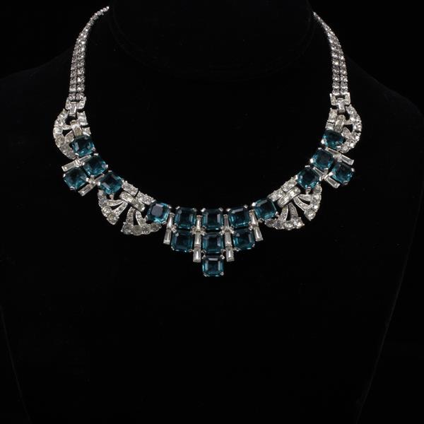 Appraisal: Boucher Art Deco Diamante Bib Necklace with Aqua Blue Jewels