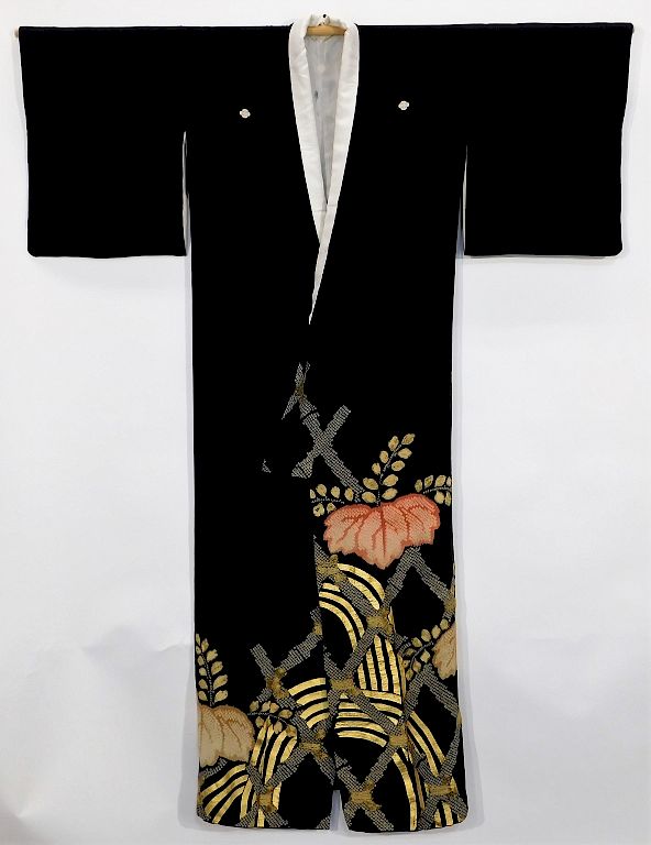 Appraisal: Meiji Period Black and Gold Tomesode Kimono Japan Circa Hand