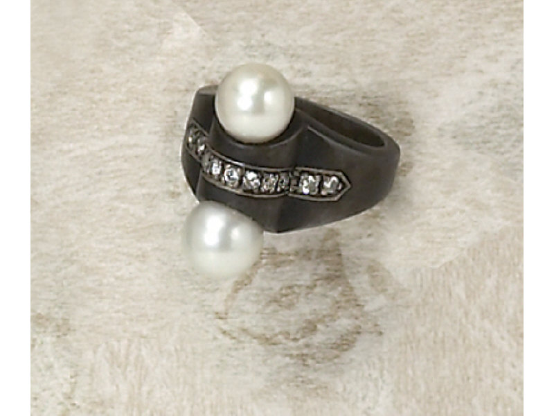 Appraisal: PEARL AND DIAMOND RING Black iron with white gold beaded