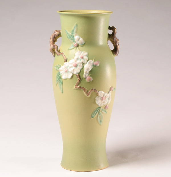 Appraisal: Roseville art pottery vase with applied handles Apple Blossom pattern