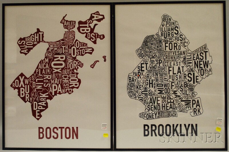 Appraisal: Two Framed Graphic Prints Boston and Brooklyn in black metal