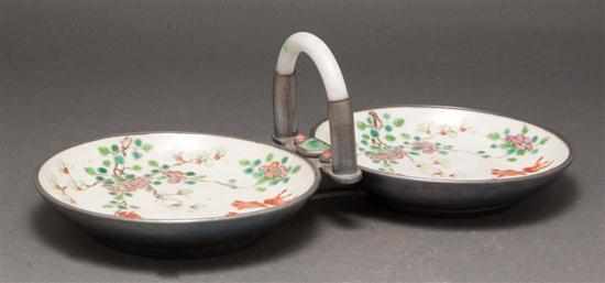 Appraisal: Two Chinese Export Famille Rose side-by-side relish dishes with pewter