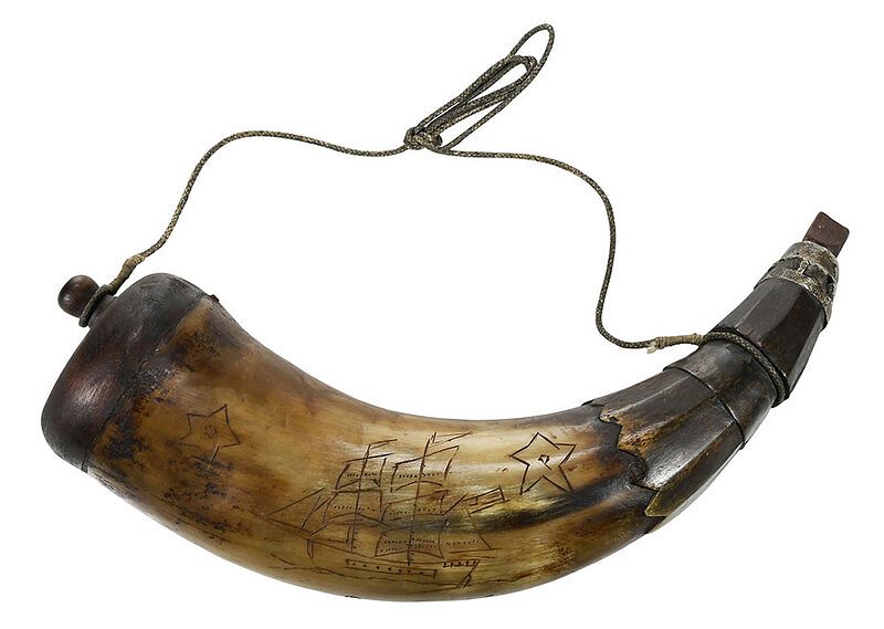 Appraisal: Large Engraved Powder Horn signed IBR and decorated with ship