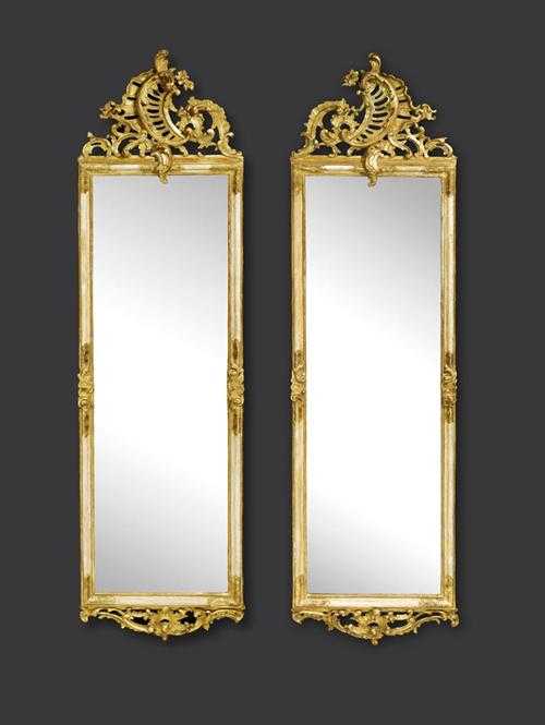 Appraisal: PAIR OF NARROW PAINTED MIRRORS Louis XV German th century