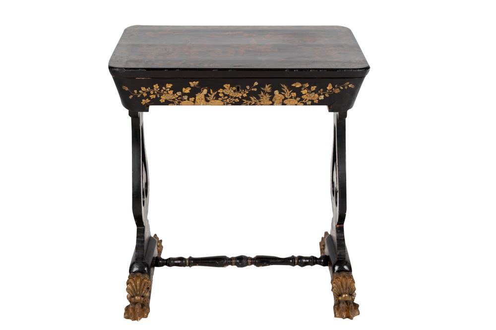 Appraisal: CHINESE EXPORT SEWING TABLEwith lacquered Chinoiserie decoration the hinged top