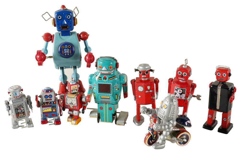 Appraisal: GROUP OF ROBOT WIND-UP TOYScomprising nine assorted robot toys Planet