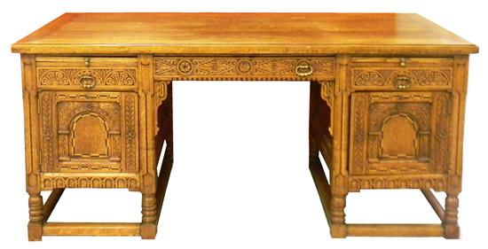 Appraisal: Art Nouveau massive pedestal library desk carved and inlaid oak