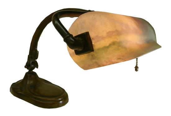 Appraisal: Handel desk lamp c - enamel reverse painted shade decorated