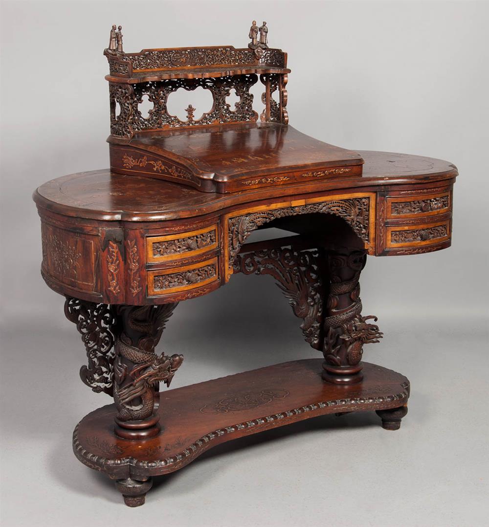 Appraisal: TH CENTURY KIDNEY SHAPED INLAID AND CARVED CHINESE EXPORT DESK