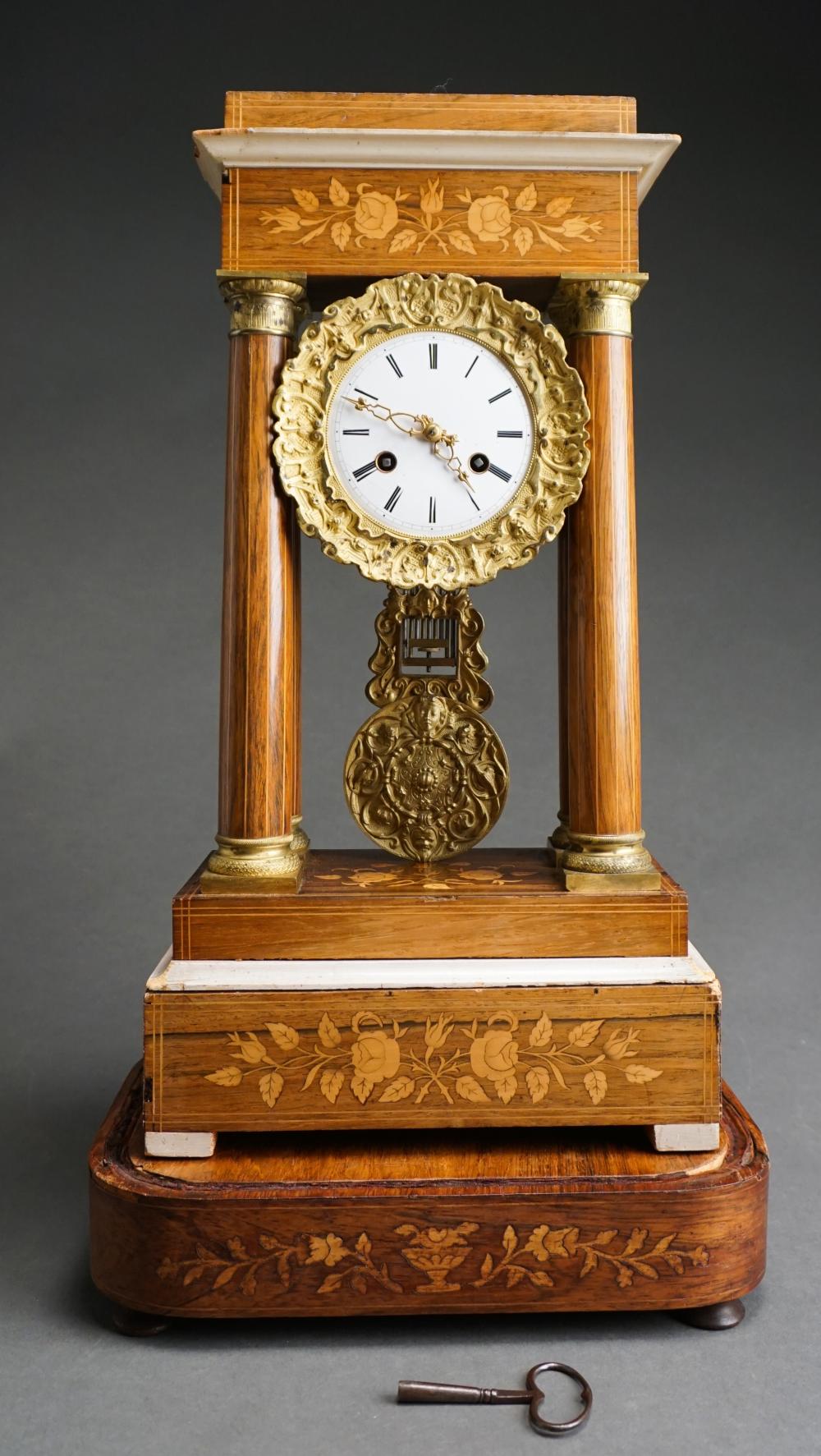 Appraisal: French Marquetry Rosewood Portico Clock in Glass Dome Cover H