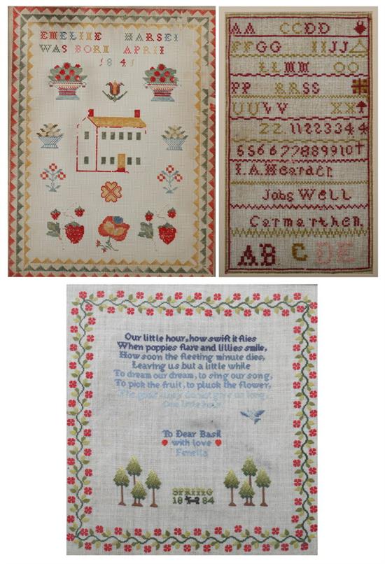 Appraisal: THREE NEEDLEWORK SAMPLERS Including a marking sampler worked in red