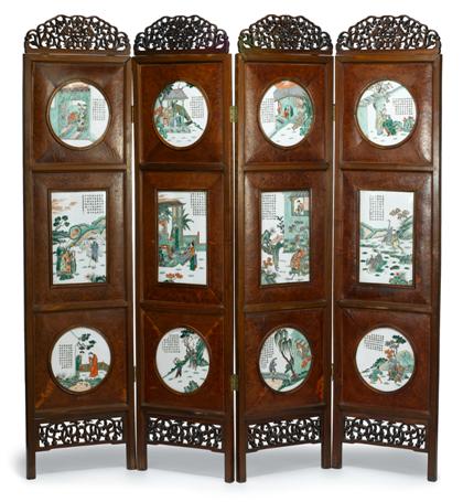 Appraisal: Impressive Chinese hardwood and famille rose porcelain insert four panel