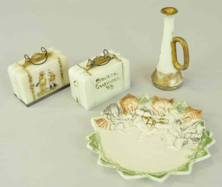 Appraisal: MILK GLASS SOUVENIR ITEMS Four assorted pieces each depicting a