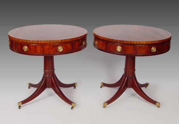 Appraisal: PAIR HICKORY CHAIR CO MAHOGANY DRUM TABLES banded mahogany drum