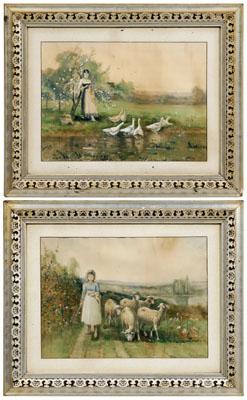 Appraisal: Pair pastoral watercolors one of girl herding sheep one of