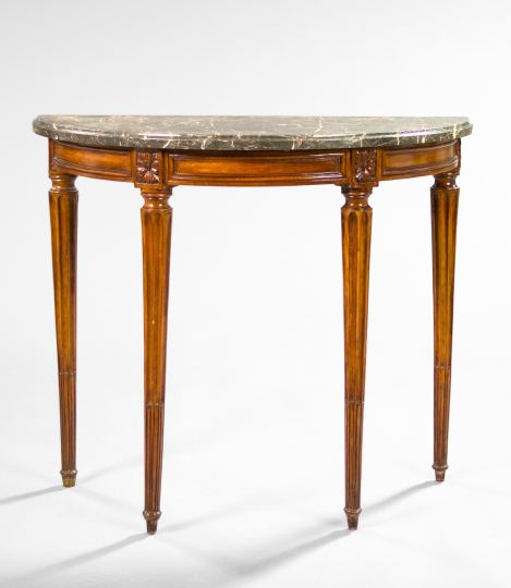 Appraisal: Louis XVI-Style Fruitwood and Marble-Top Demi-lune Side Table early th