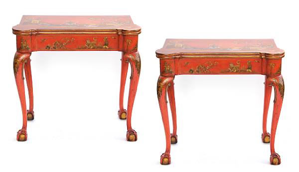 Appraisal: A pair of George II style coral-japanned card tables height