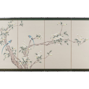 Appraisal: A Japanese Four-Panel Screen TH CENTURY Birds Perched on Flowering